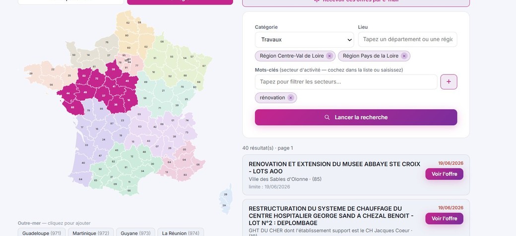 Recherche d'appels d'offres sur la carte de France